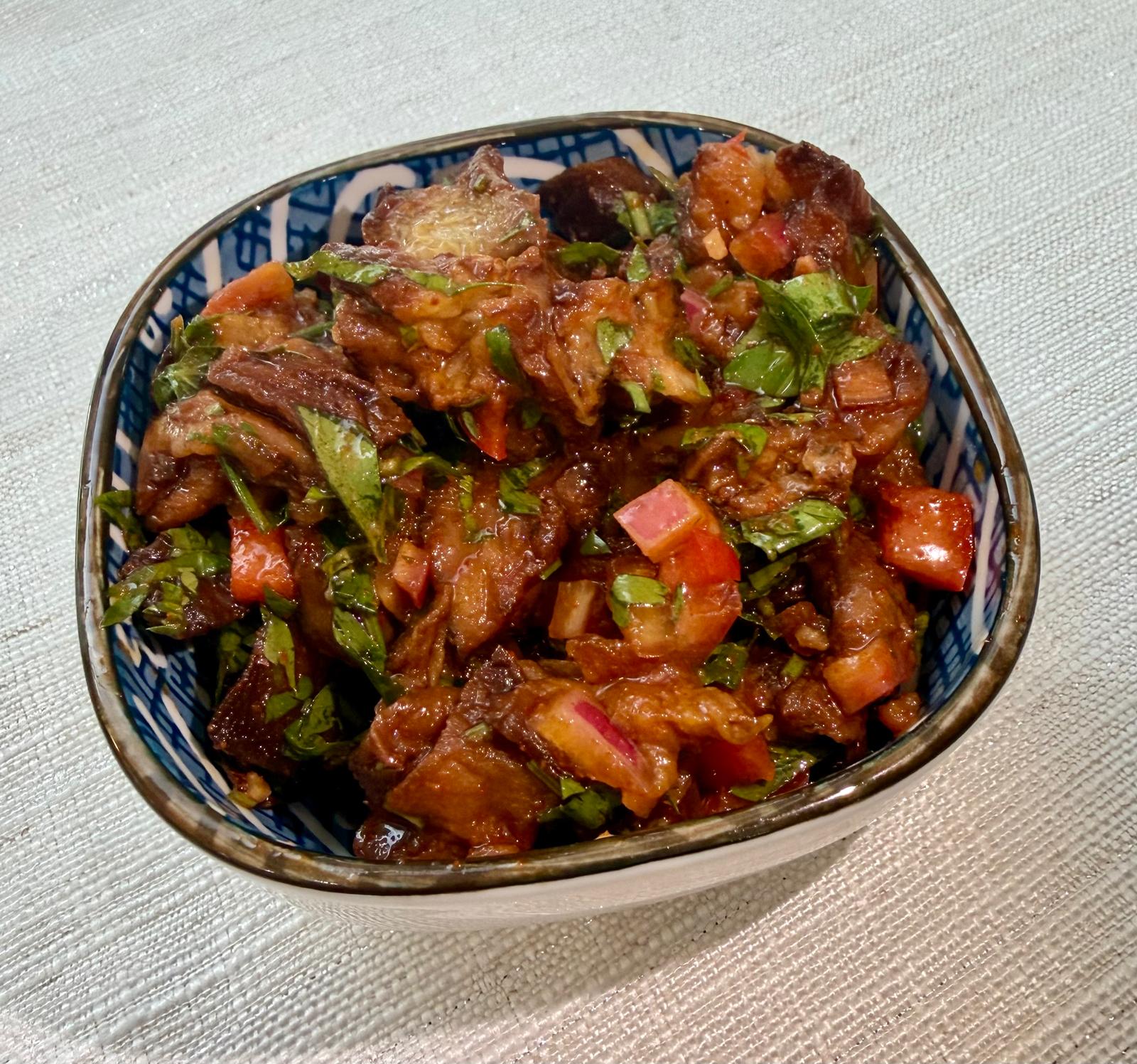 Roasted eggplant dip with tomato, red onion and fresh herbs