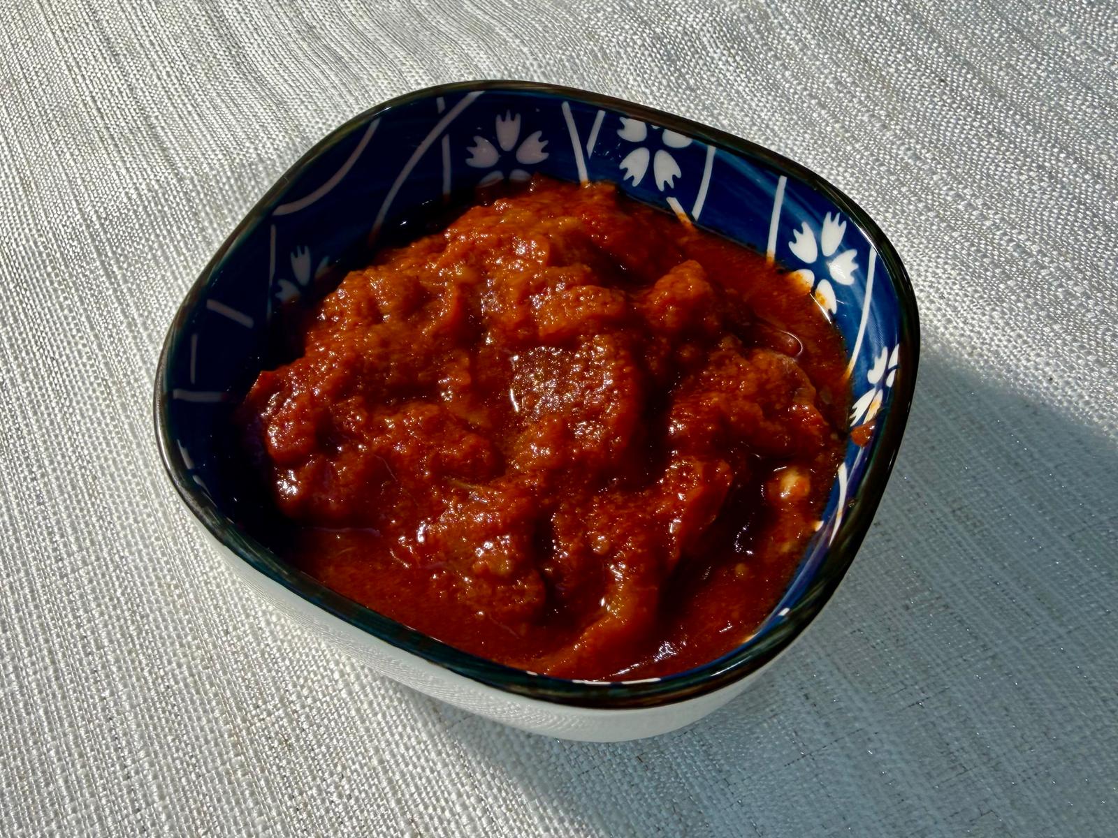 Matbucha, slow-cooked tomato and pepper dip