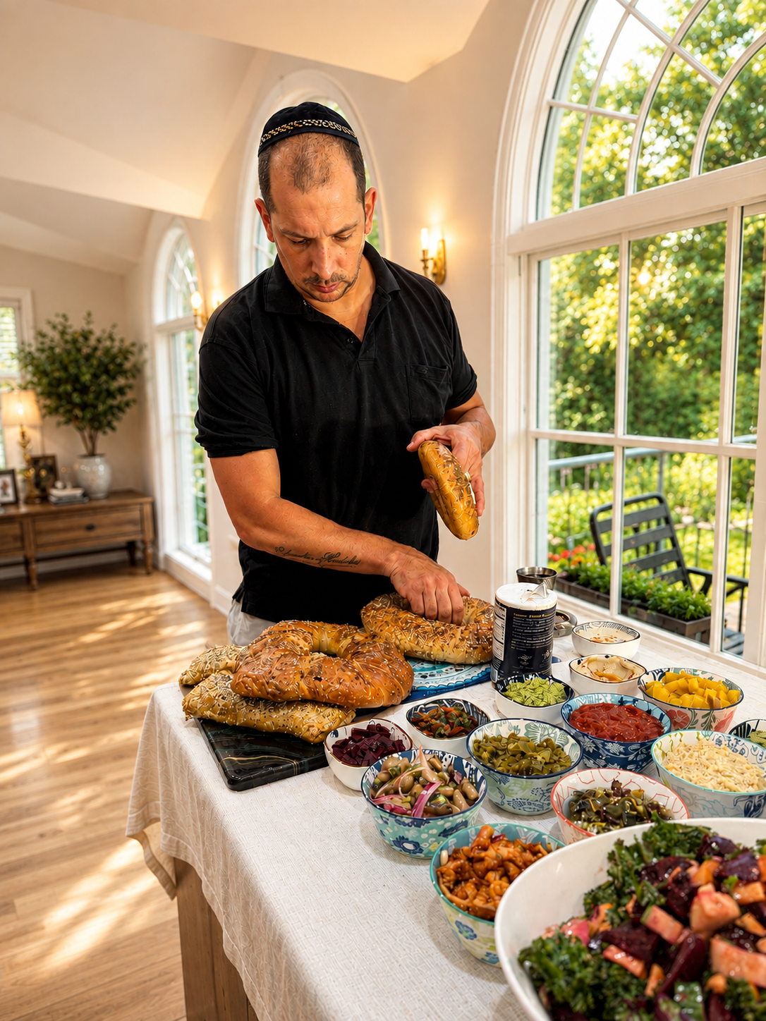 Doron setting out challahs beside a table of salatim and salads